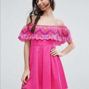 ASOS Off the Shoulder Sundress in Bright Pink